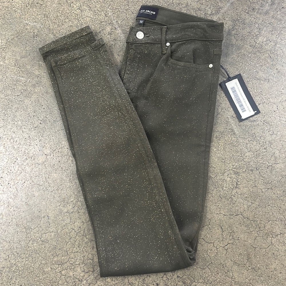 Black Orchid Gisele HR Skinny jeans, Dark Green w Gold Sparkles, NWT